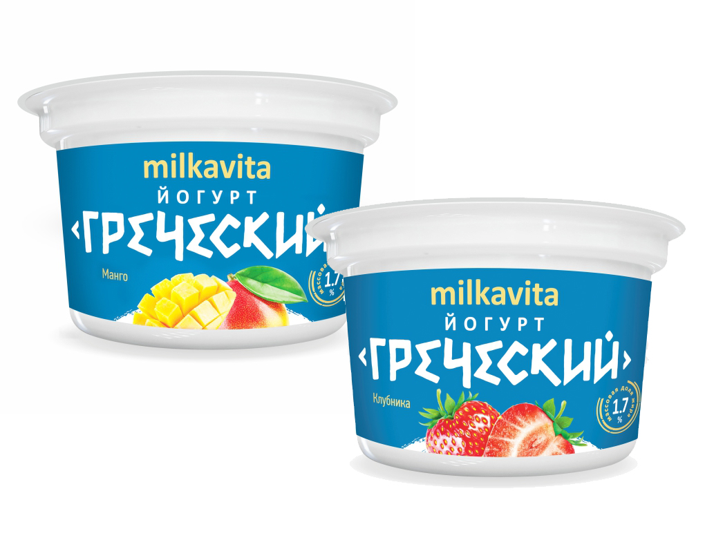 Йогурт MILKAVITA Греческий 1,7% клубника, манго 200гр. стакан БЗМЖ