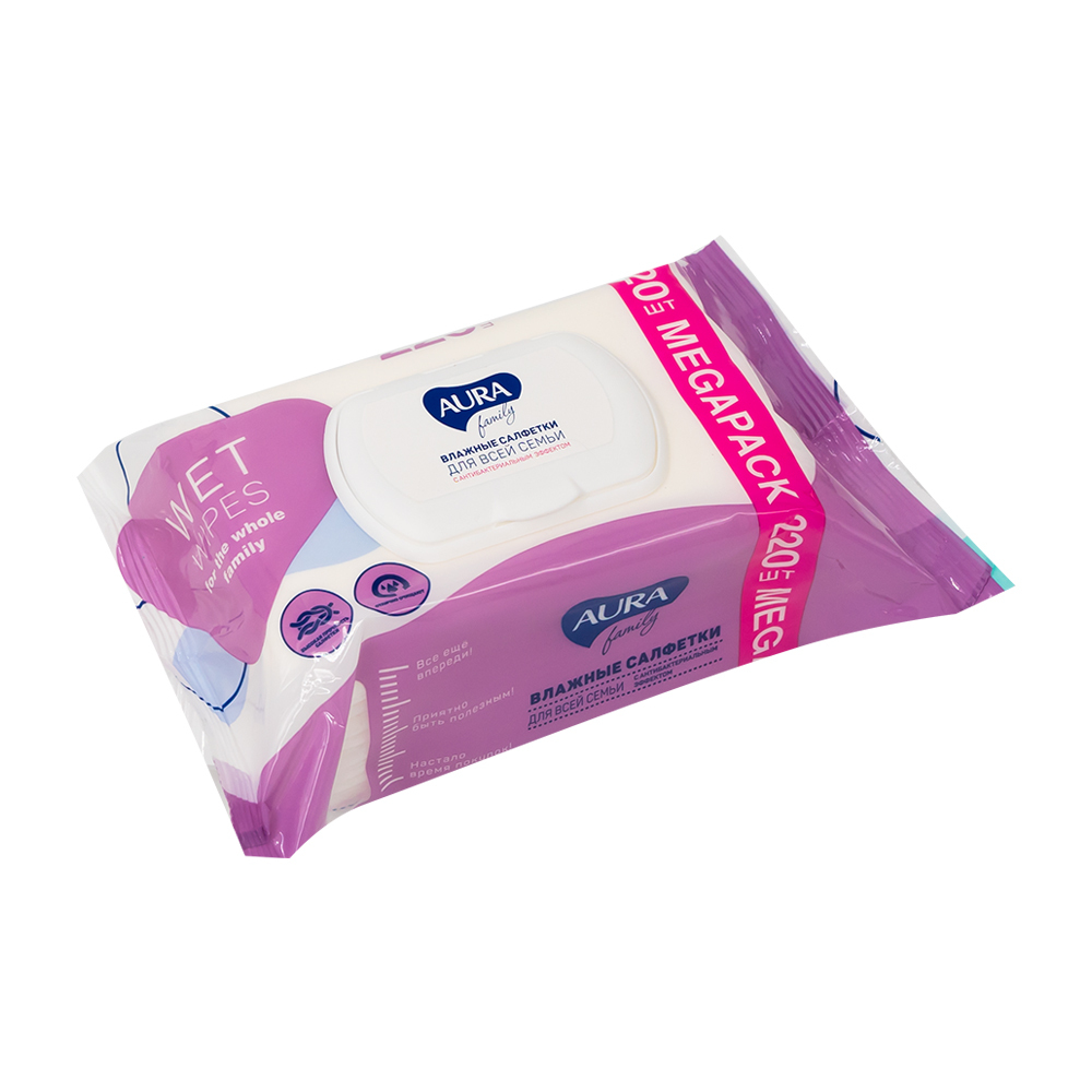 Влажные салфетки AURA FAMILY 220 шт с крышкой Коттон Клаб