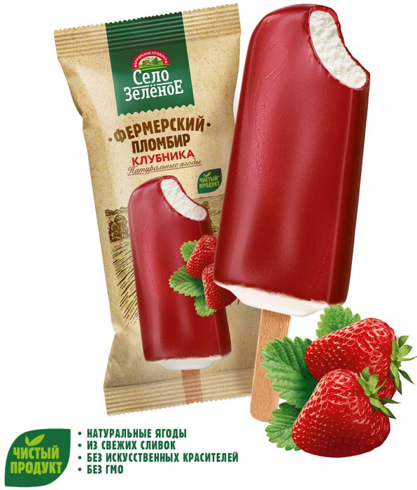 Мороженое эскимо пломбир в клубничной глазури Село Зеленое 15% 70 гр. БЗМЖ