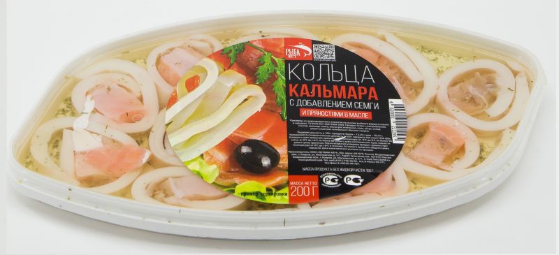 Кальмар кольца с семгой теша и пряностями в масле 200 гр, Рыба Меч ООО