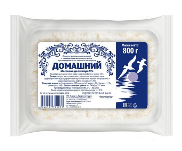 Продукт м/с "ДОМАШНИЙ" по тех. творога 9%, с ЗМЖ, 800 г Сыродел ООО (Южа) (производитель)