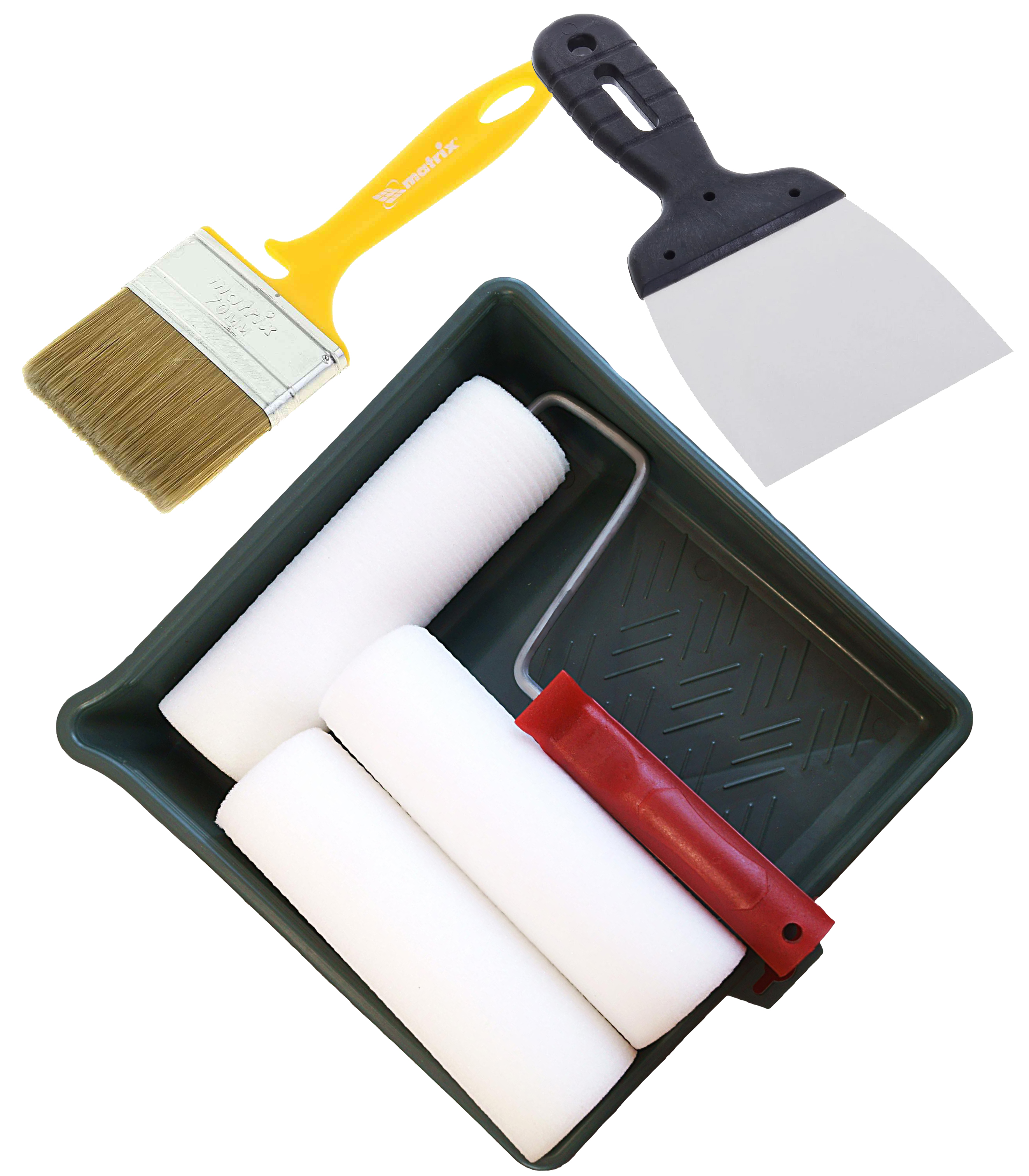 Набор малярный: шпатель 100мм, валик поролон 180мм 2 запасных ролика, ванночка, кисть 50мм