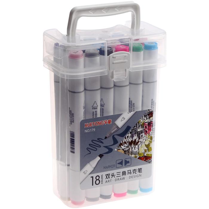 Набор акриловых скетчмаркеров 2хсторонних 18 цветов в пластиковом боксе	