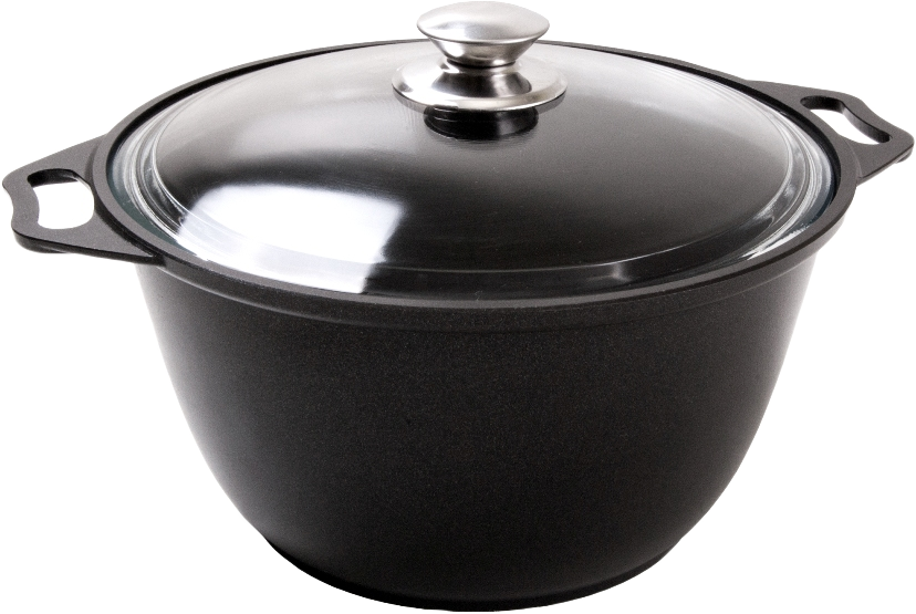 Кастрюля из литого алюминия 3,3л d20см со стекл. крышкой с метал. ободком и пароотводом. Вес 1,85кг.