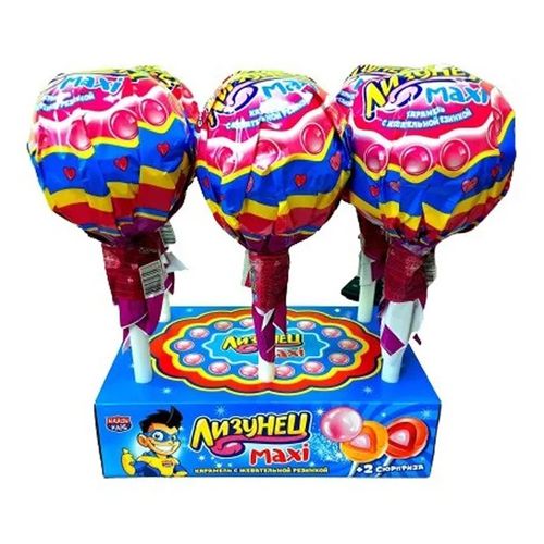 Карамель на палочке с жевательной резинкой Лизунец MAXI 125гр, КАНДИ ТРЕЙД ООО