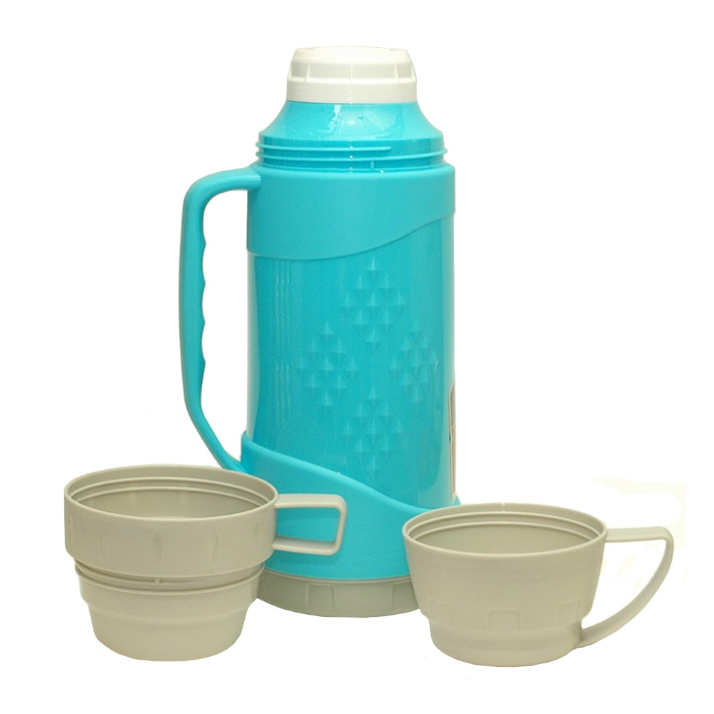 Термос пластиковый со стеклянной колбой 1л. 2 чашки. Индивидуальная упаковка: цветная коробка