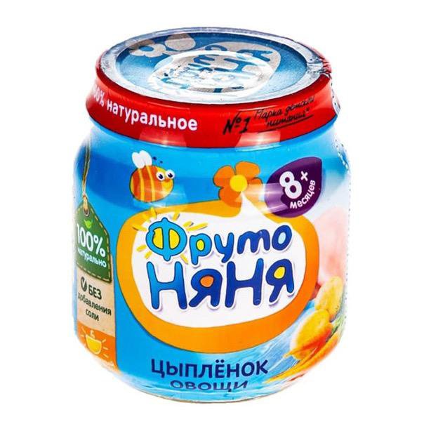 Пюре ФрутоНяня Цыпленок/овощи, с 8 мес., ст/б, 100г АО "ПРОГРЕСС"