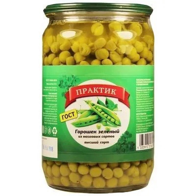 Горошек зелёный "Практик" высший сорт из мозговых сортов, ГОСТ 650гр/750мл