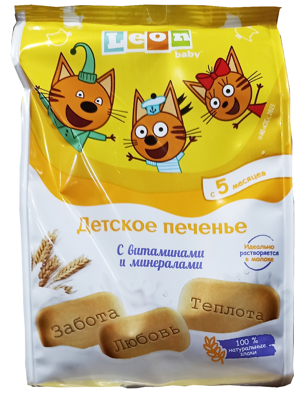 Детское печенье растворимое "Три кота" с 5 месяцев с витаминами и минералами 120гр Leon baby