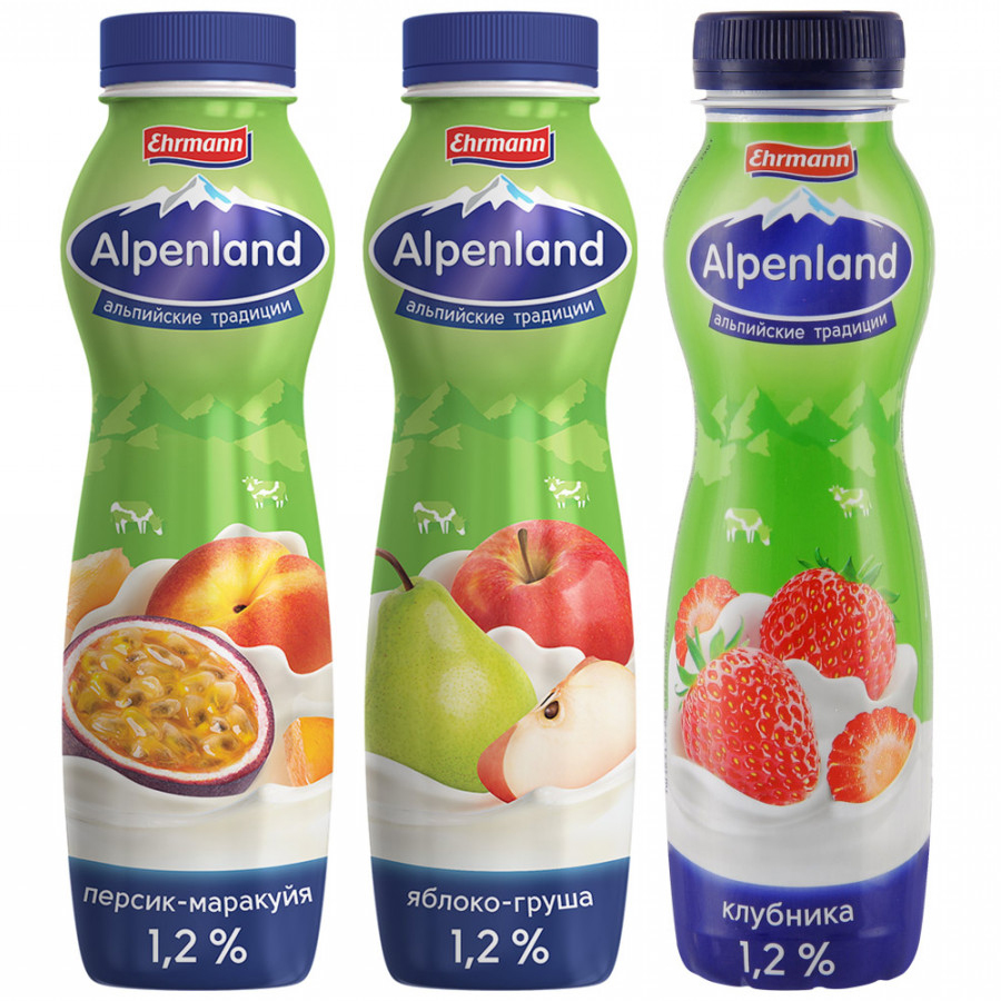 Альпенлэнд Питьевой БЗМЖ 1,2% 290г Персик/Маракуйя, Яблоко/Груша/Клубника Эрман